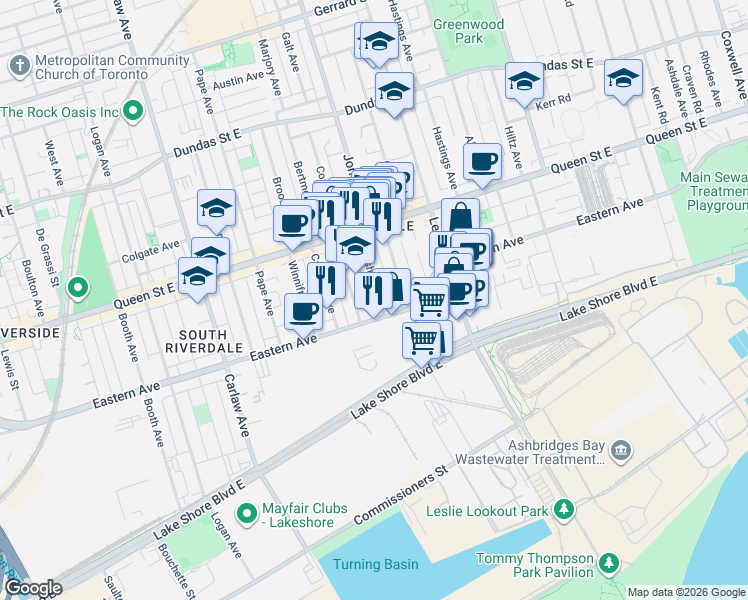 map of restaurants, bars, coffee shops, grocery stores, and more near 24 Berkshire Avenue in Toronto