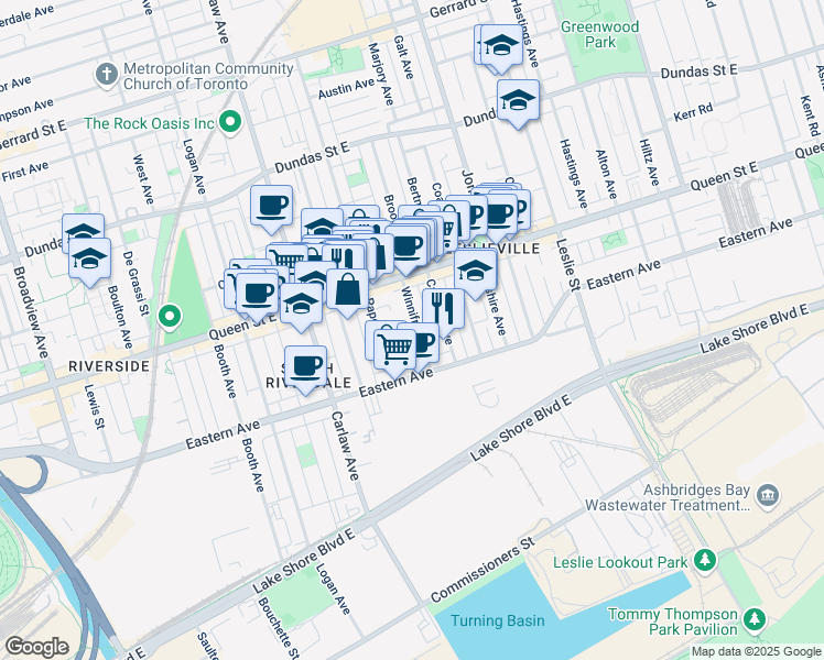 map of restaurants, bars, coffee shops, grocery stores, and more near in Toronto