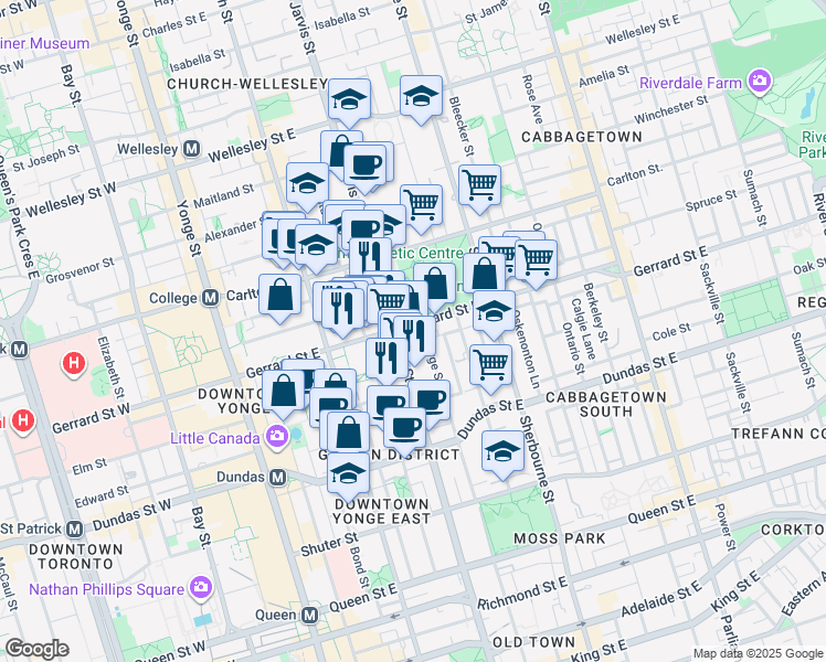map of restaurants, bars, coffee shops, grocery stores, and more near 276 Jarvis Street in Toronto