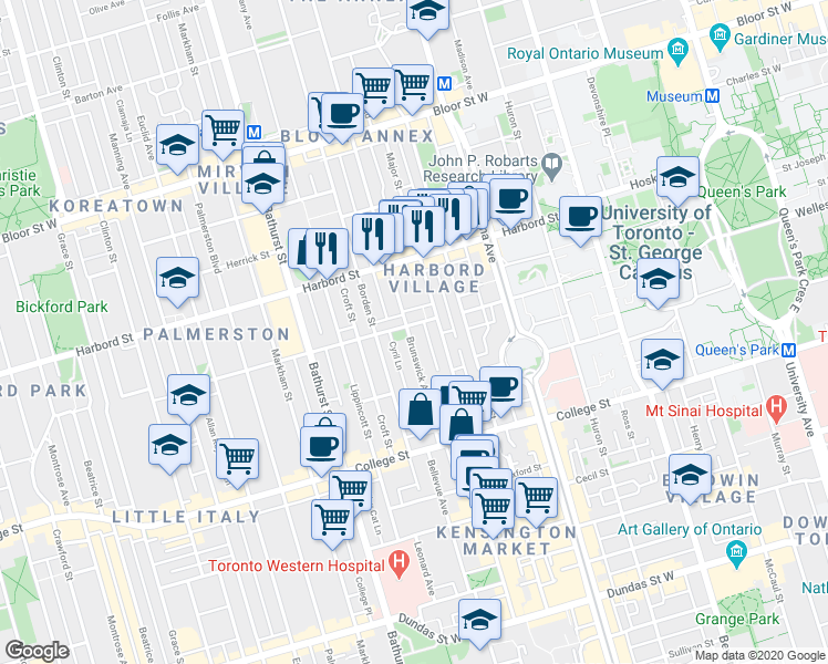 map of restaurants, bars, coffee shops, grocery stores, and more near in Toronto