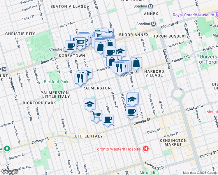 map of restaurants, bars, coffee shops, grocery stores, and more near in Toronto