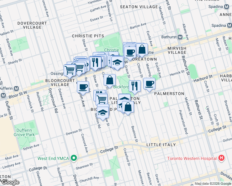 map of restaurants, bars, coffee shops, grocery stores, and more near in Toronto