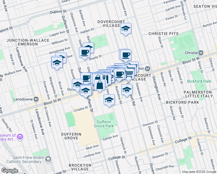 map of restaurants, bars, coffee shops, grocery stores, and more near in Toronto