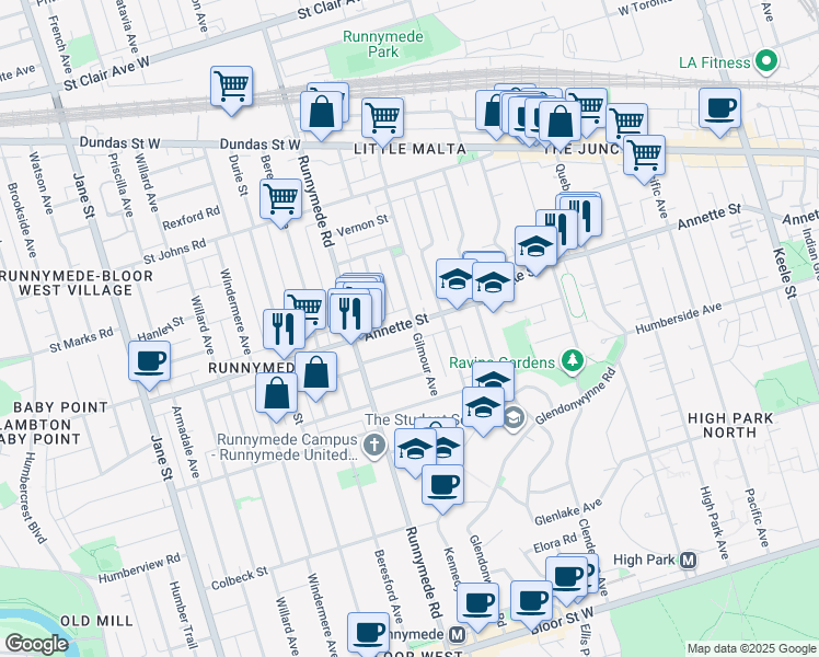 map of restaurants, bars, coffee shops, grocery stores, and more near in Toronto