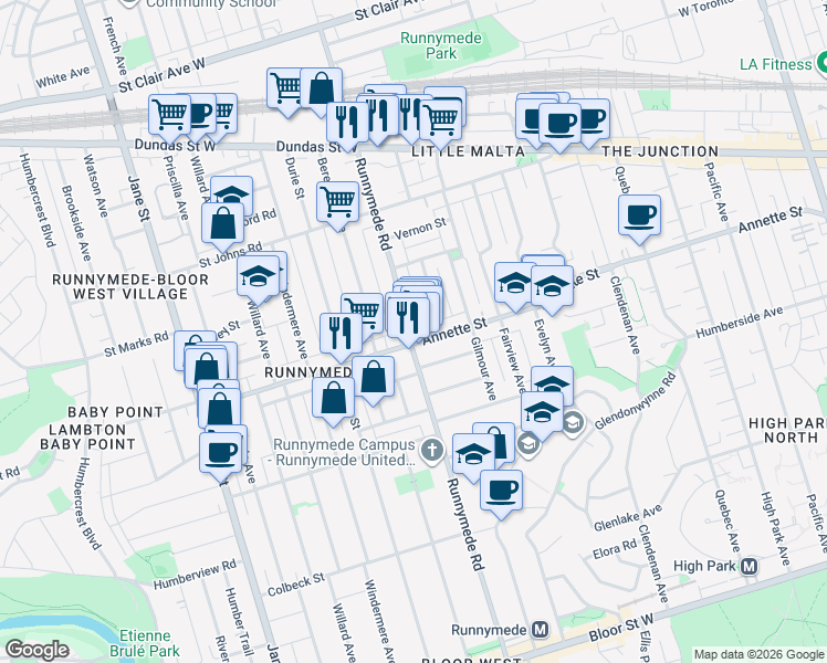 map of restaurants, bars, coffee shops, grocery stores, and more near 515 Runnymede Road in Toronto