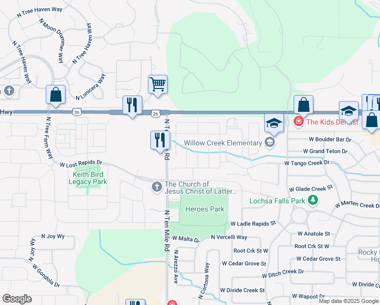 map of restaurants, bars, coffee shops, grocery stores, and more near 6140 North Spindrift Avenue in Meridian