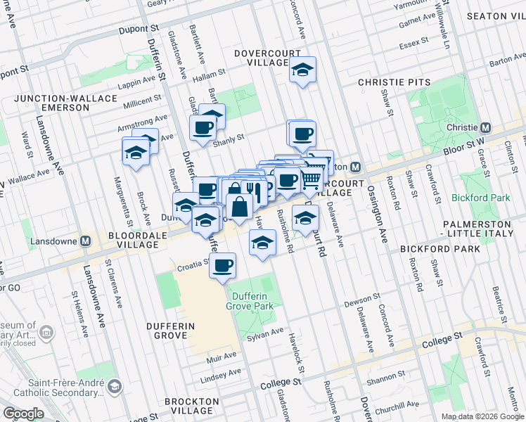 map of restaurants, bars, coffee shops, grocery stores, and more near 1049 Bloor Street West in Toronto