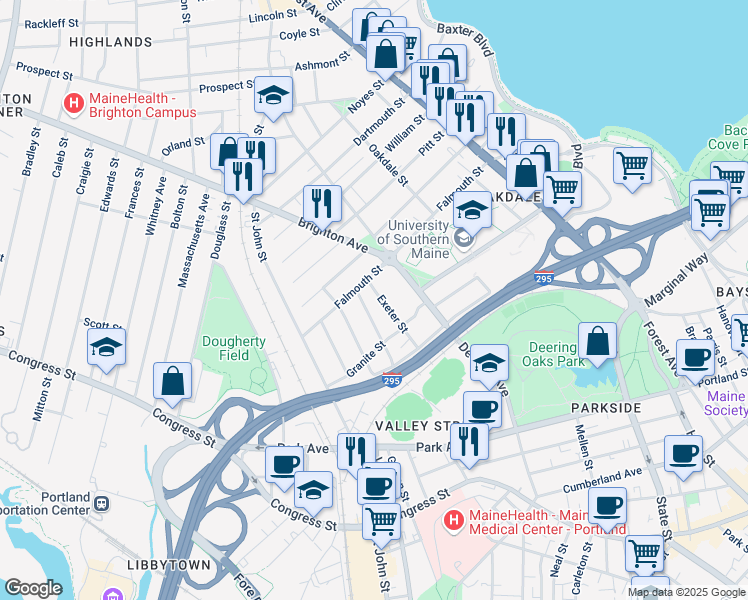 map of restaurants, bars, coffee shops, grocery stores, and more near 58 Exeter Street in Portland