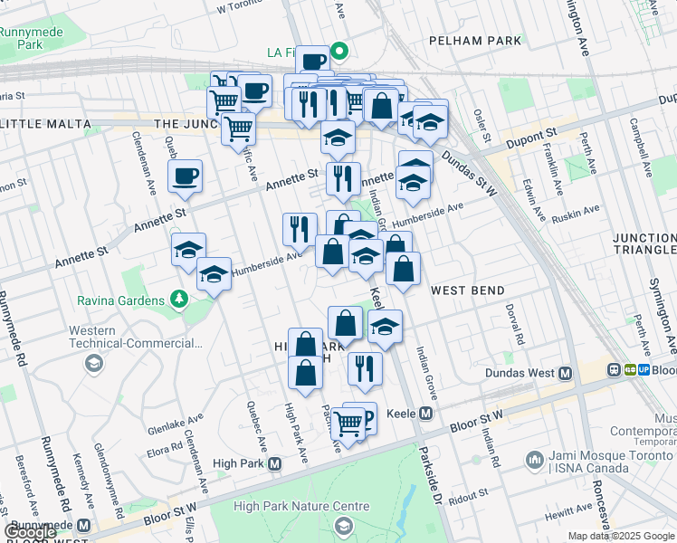 map of restaurants, bars, coffee shops, grocery stores, and more near 74 Mavety Street in Toronto
