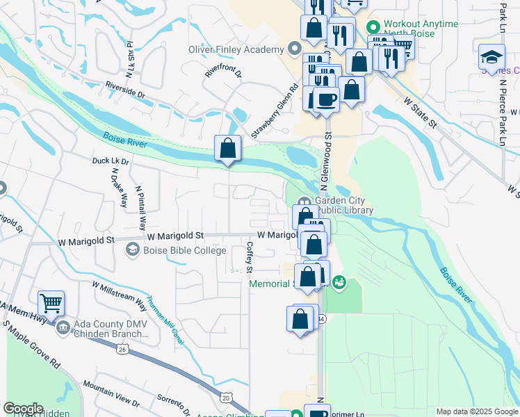 map of restaurants, bars, coffee shops, grocery stores, and more near 8114 North Point Bar Lane in Garden City