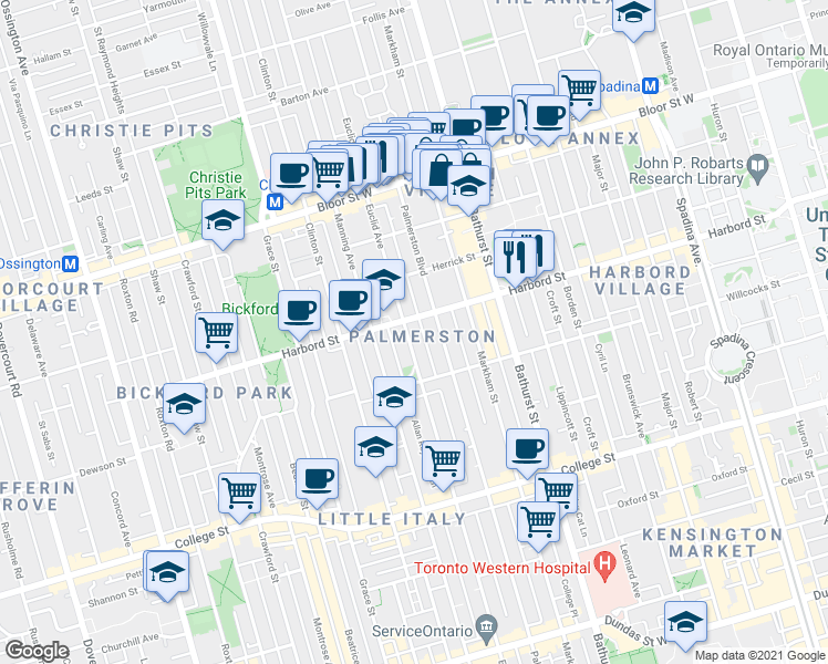 map of restaurants, bars, coffee shops, grocery stores, and more near 569 Euclid Avenue in Toronto