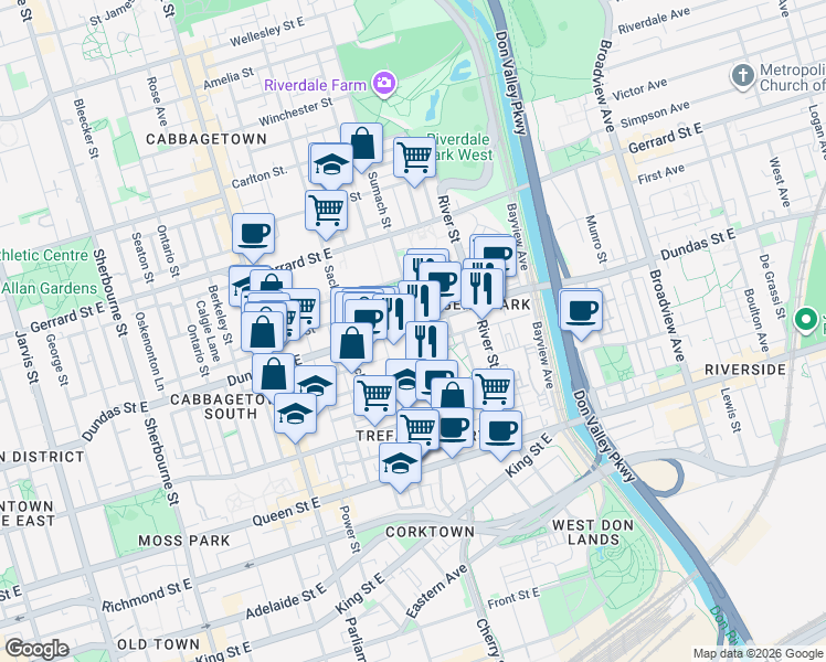 map of restaurants, bars, coffee shops, grocery stores, and more near 182 Sumach Street in Toronto