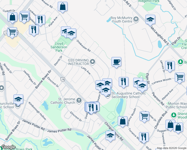 map of restaurants, bars, coffee shops, grocery stores, and more near 26 Lockwood Road in Brampton