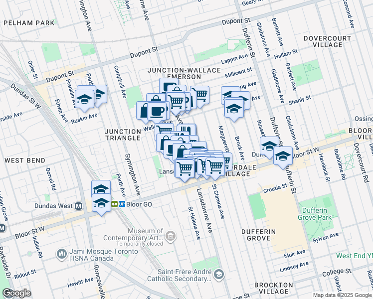 map of restaurants, bars, coffee shops, grocery stores, and more near 580 Lansdowne Avenue in Toronto