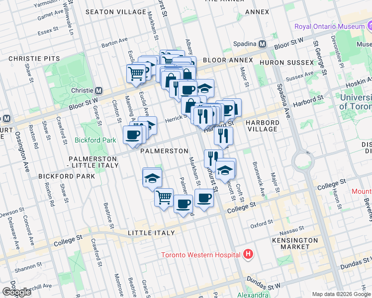 map of restaurants, bars, coffee shops, grocery stores, and more near 436 Markham Street in Toronto