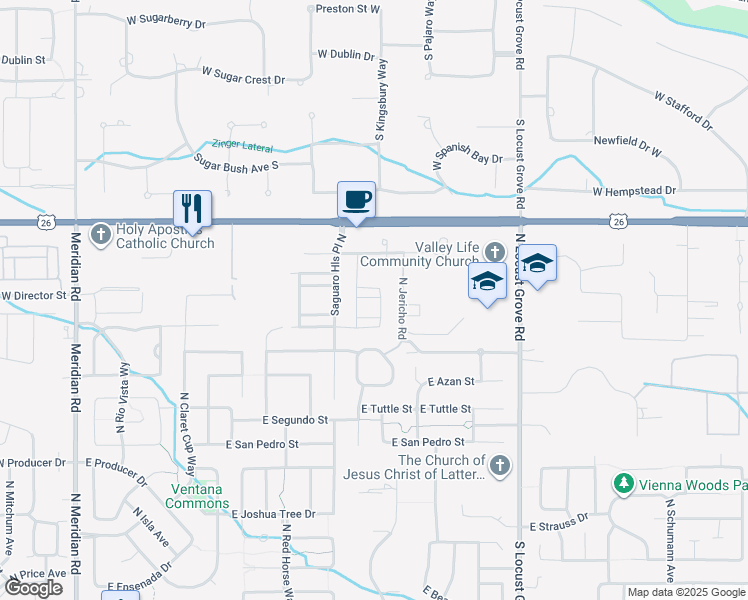 map of restaurants, bars, coffee shops, grocery stores, and more near 1061 East Klamath Lane in Meridian