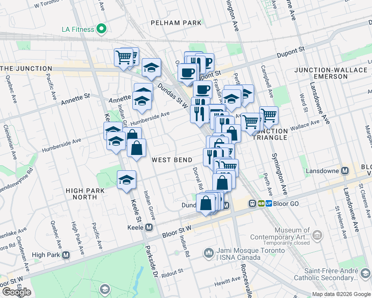 map of restaurants, bars, coffee shops, grocery stores, and more near 34 Abbott Avenue in Toronto
