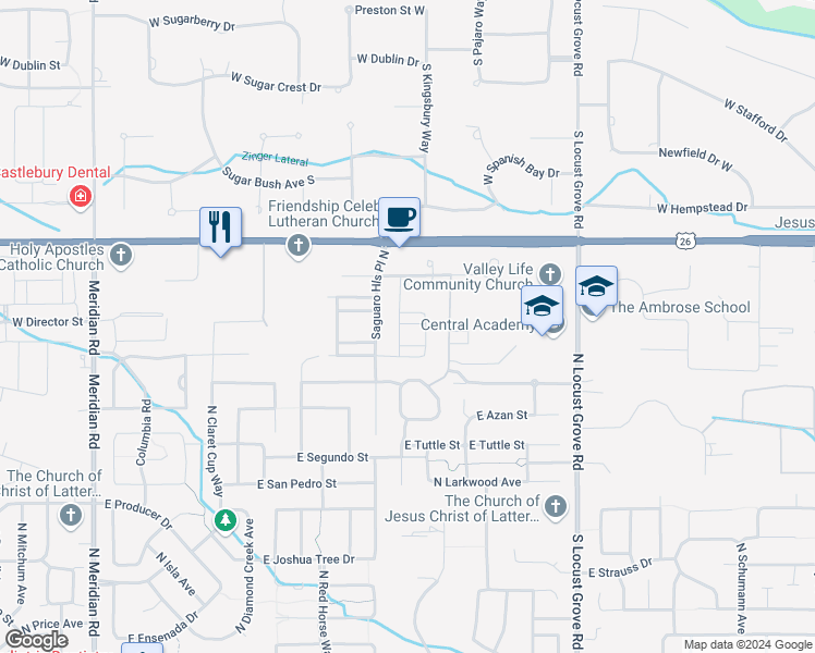 map of restaurants, bars, coffee shops, grocery stores, and more near 1033 East Klamath Lane in Meridian