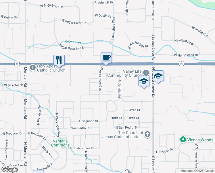 map of restaurants, bars, coffee shops, grocery stores, and more near 1021 East Klamath Lane in Meridian