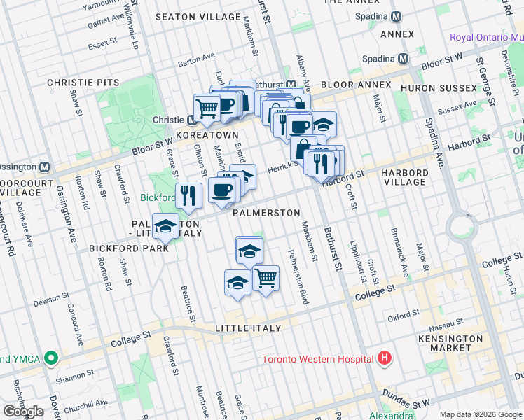 map of restaurants, bars, coffee shops, grocery stores, and more near 569 Euclid Avenue in Toronto