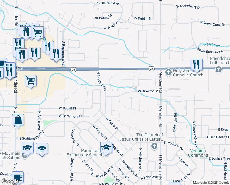 map of restaurants, bars, coffee shops, grocery stores, and more near 505 West Lockhart Lane in Meridian