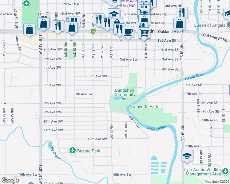 map of restaurants, bars, coffee shops, grocery stores, and more near 711 4th Street Southwest in Austin