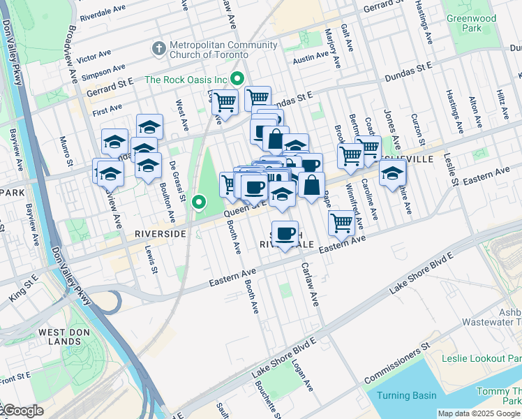 map of restaurants, bars, coffee shops, grocery stores, and more near in Toronto