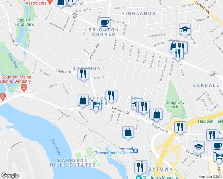 map of restaurants, bars, coffee shops, grocery stores, and more near 48 Caleb Street in Portland