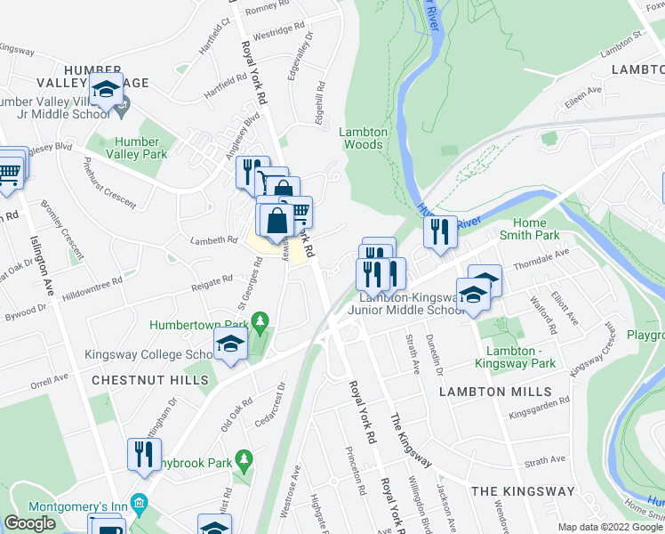 map of restaurants, bars, coffee shops, grocery stores, and more near 03 Royal York Court in Toronto