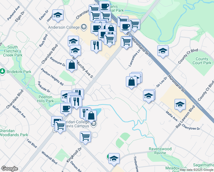 map of restaurants, bars, coffee shops, grocery stores, and more near 05 Malta Avenue in Brampton