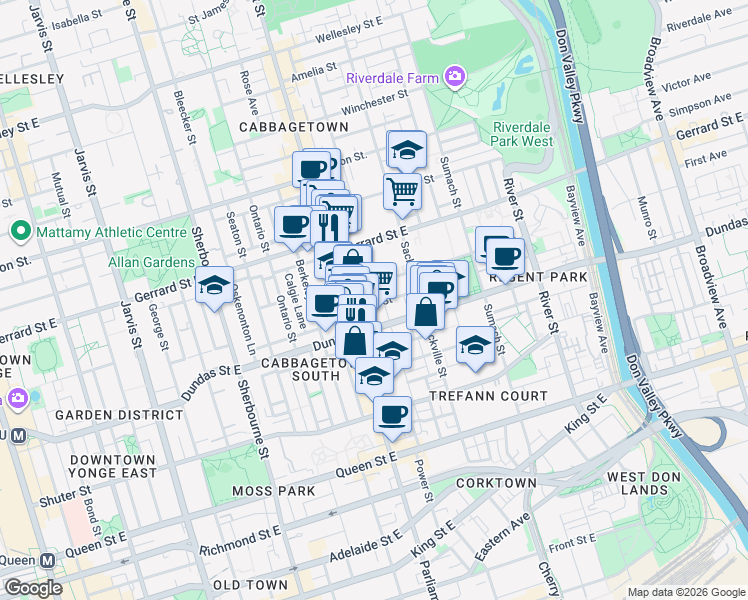map of restaurants, bars, coffee shops, grocery stores, and more near in Toronto
