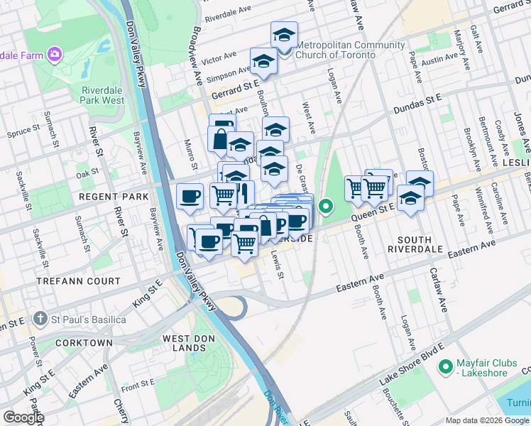 map of restaurants, bars, coffee shops, grocery stores, and more near 45 Grant Street in Toronto