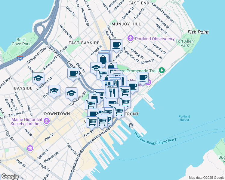 map of restaurants, bars, coffee shops, grocery stores, and more near 62 India Street in Portland