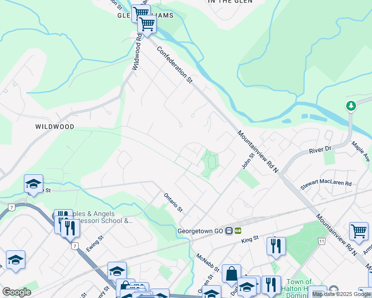 map of restaurants, bars, coffee shops, grocery stores, and more near 53 Sutcliff Lane in Halton Hills