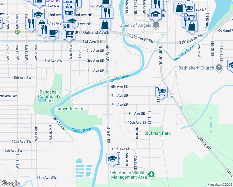 map of restaurants, bars, coffee shops, grocery stores, and more near 601 7th Avenue Southeast in Austin
