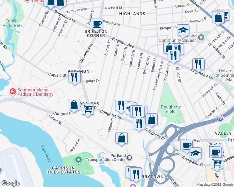map of restaurants, bars, coffee shops, grocery stores, and more near 61 Craigie Street in Portland
