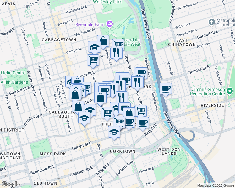 map of restaurants, bars, coffee shops, grocery stores, and more near 591 Dundas Street East in Toronto