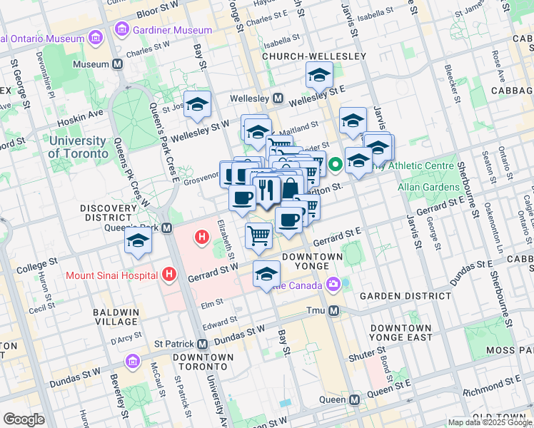 map of restaurants, bars, coffee shops, grocery stores, and more near 777 Bay Street in Toronto