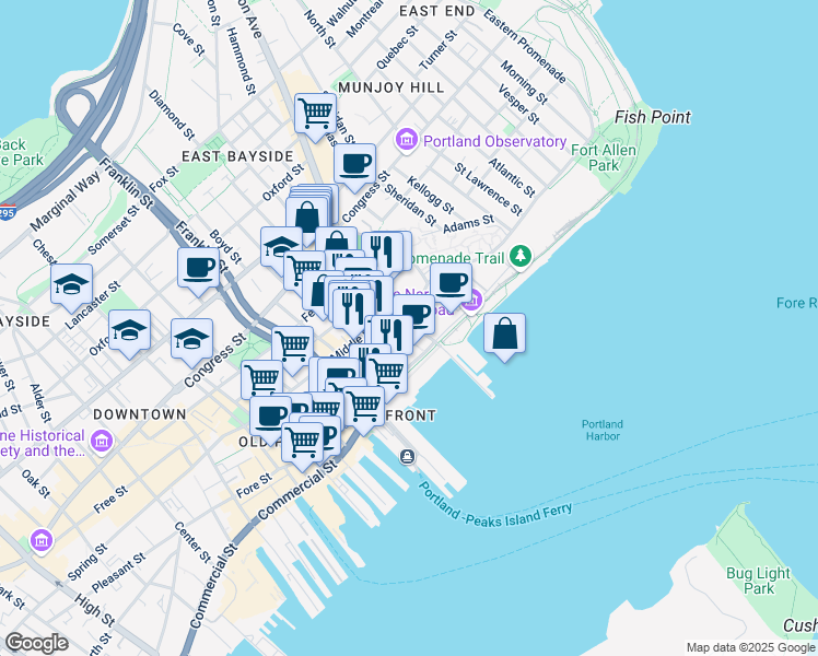map of restaurants, bars, coffee shops, grocery stores, and more near 156 Fore Street in Portland