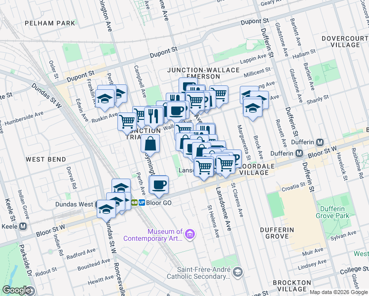 map of restaurants, bars, coffee shops, grocery stores, and more near 60 Paton Road in Toronto