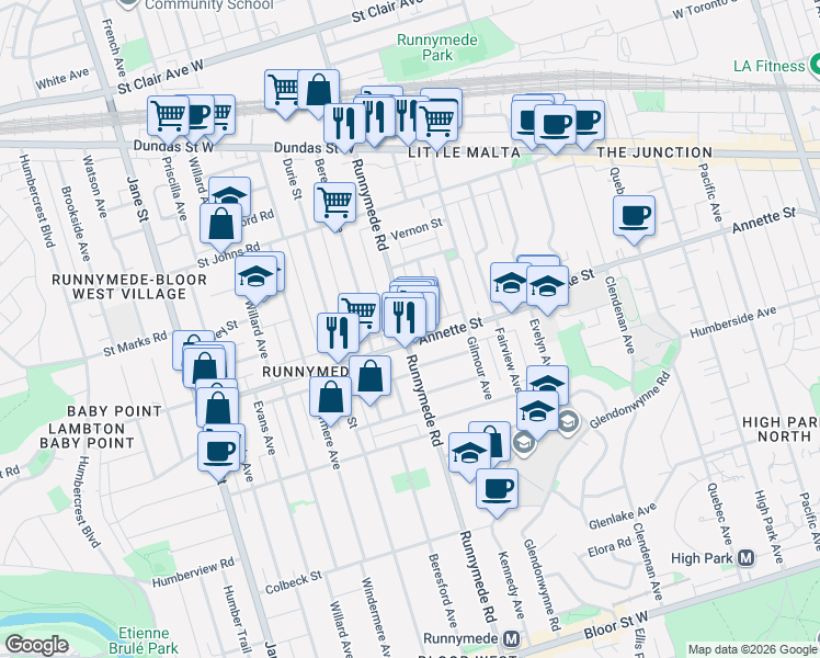 map of restaurants, bars, coffee shops, grocery stores, and more near 517 Runnymede Road in Toronto