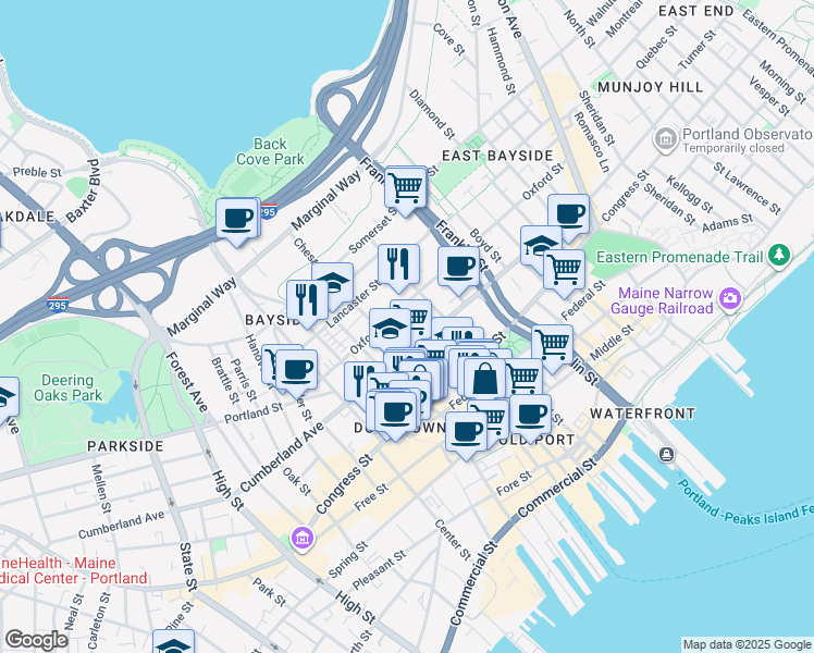 map of restaurants, bars, coffee shops, grocery stores, and more near 15 Stone Street in Portland