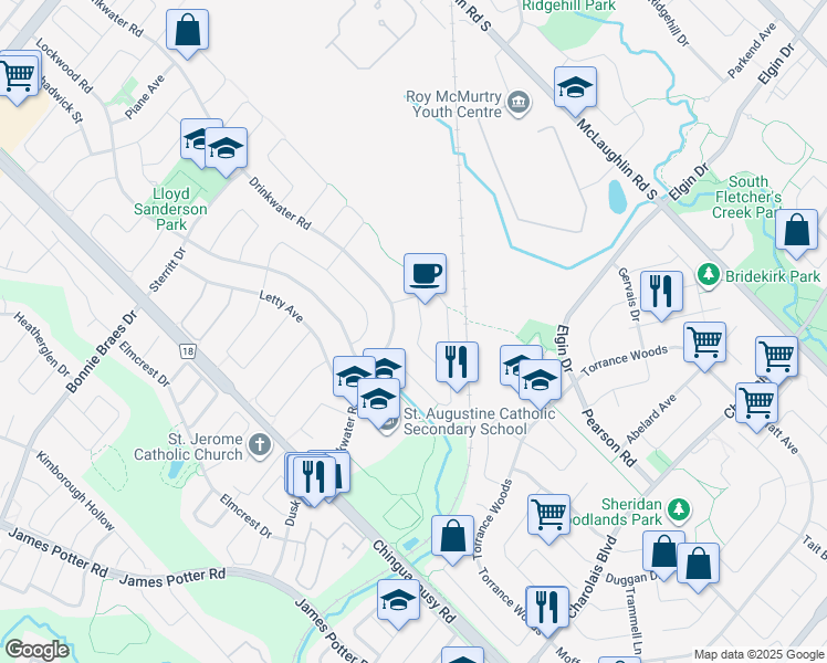 map of restaurants, bars, coffee shops, grocery stores, and more near 50 Stokes Road in Brampton
