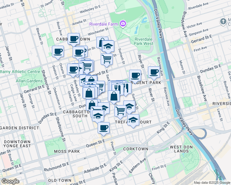 map of restaurants, bars, coffee shops, grocery stores, and more near 237 Sackville Street in Toronto
