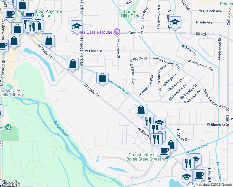 map of restaurants, bars, coffee shops, grocery stores, and more near 6030 West Port Place in Boise