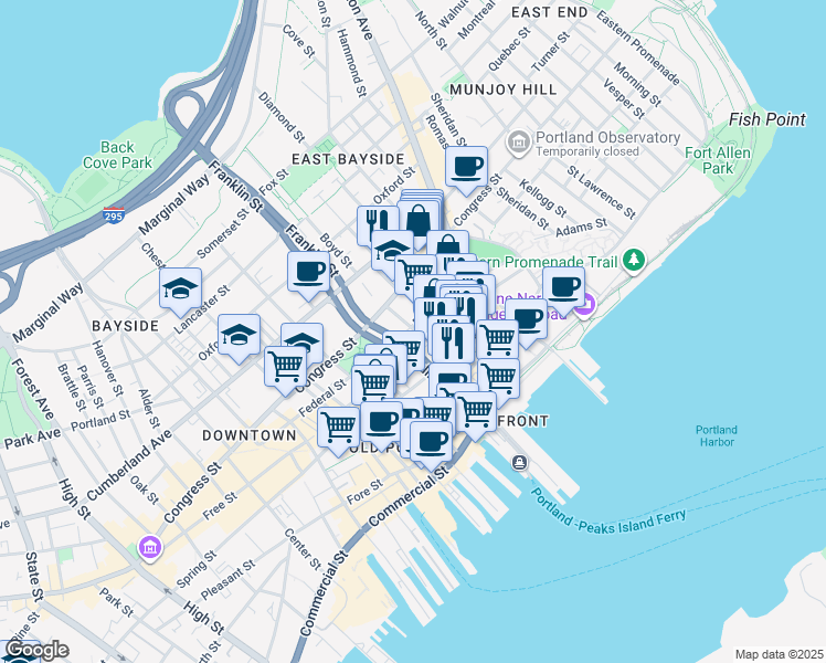 map of restaurants, bars, coffee shops, grocery stores, and more near 96 Federal Street in Portland