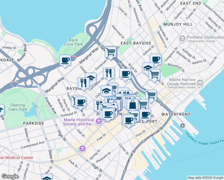 map of restaurants, bars, coffee shops, grocery stores, and more near 52 Myrtle Street in Portland