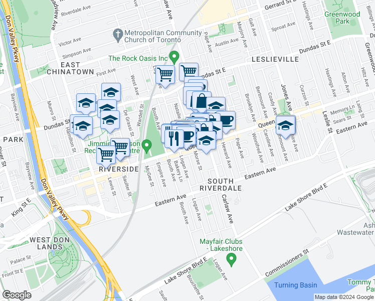 map of restaurants, bars, coffee shops, grocery stores, and more near in Toronto
