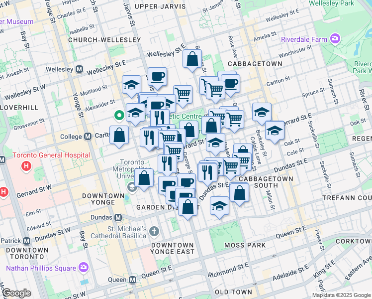 map of restaurants, bars, coffee shops, grocery stores, and more near in Toronto