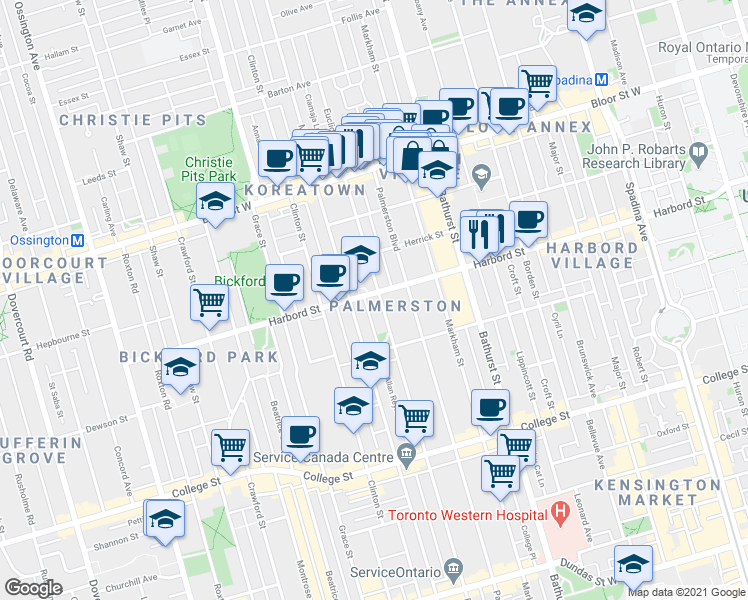 map of restaurants, bars, coffee shops, grocery stores, and more near in Toronto